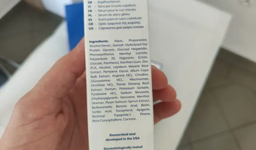 Skład INCI serum Trichogenix na kartoniku Mediceuticals