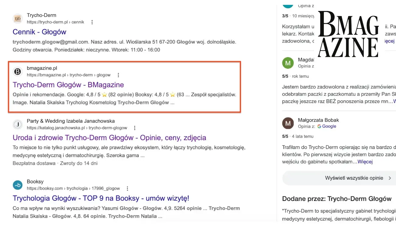 Wynik wyszukiwania w Google na frazę "nazwa gabinetu" + "lokalizacja" + "opinie"  Case study, luty 2026 BMagazine