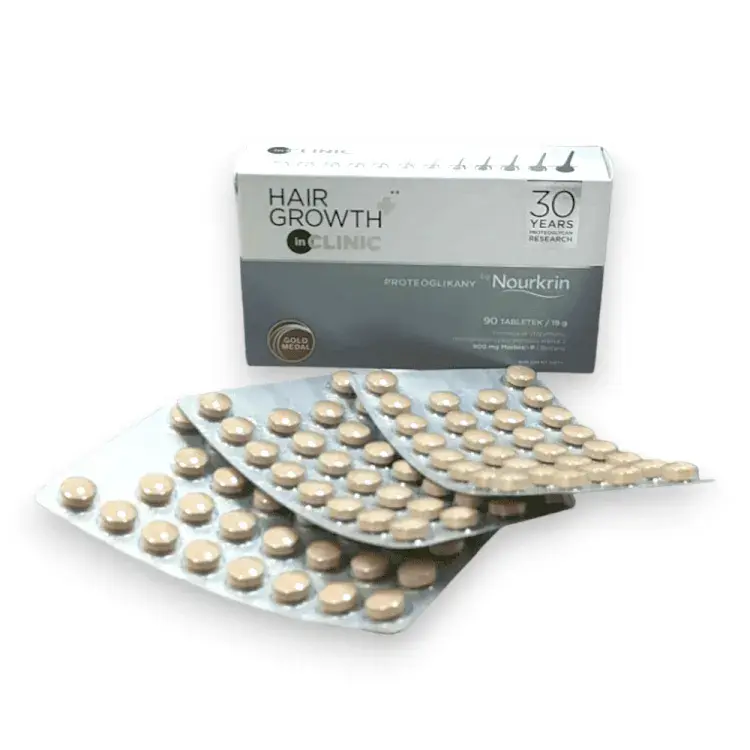 Proteoglikany Nourkrin tabletki przeciw wypadaniu włosów opakowanie produktu i blistry